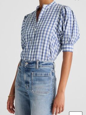 Madewell Puff-Sleeve Band-Collar Shirt Blue White Window Pane Print size 10